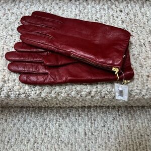 Red Leather Gloves with Gold Zipper